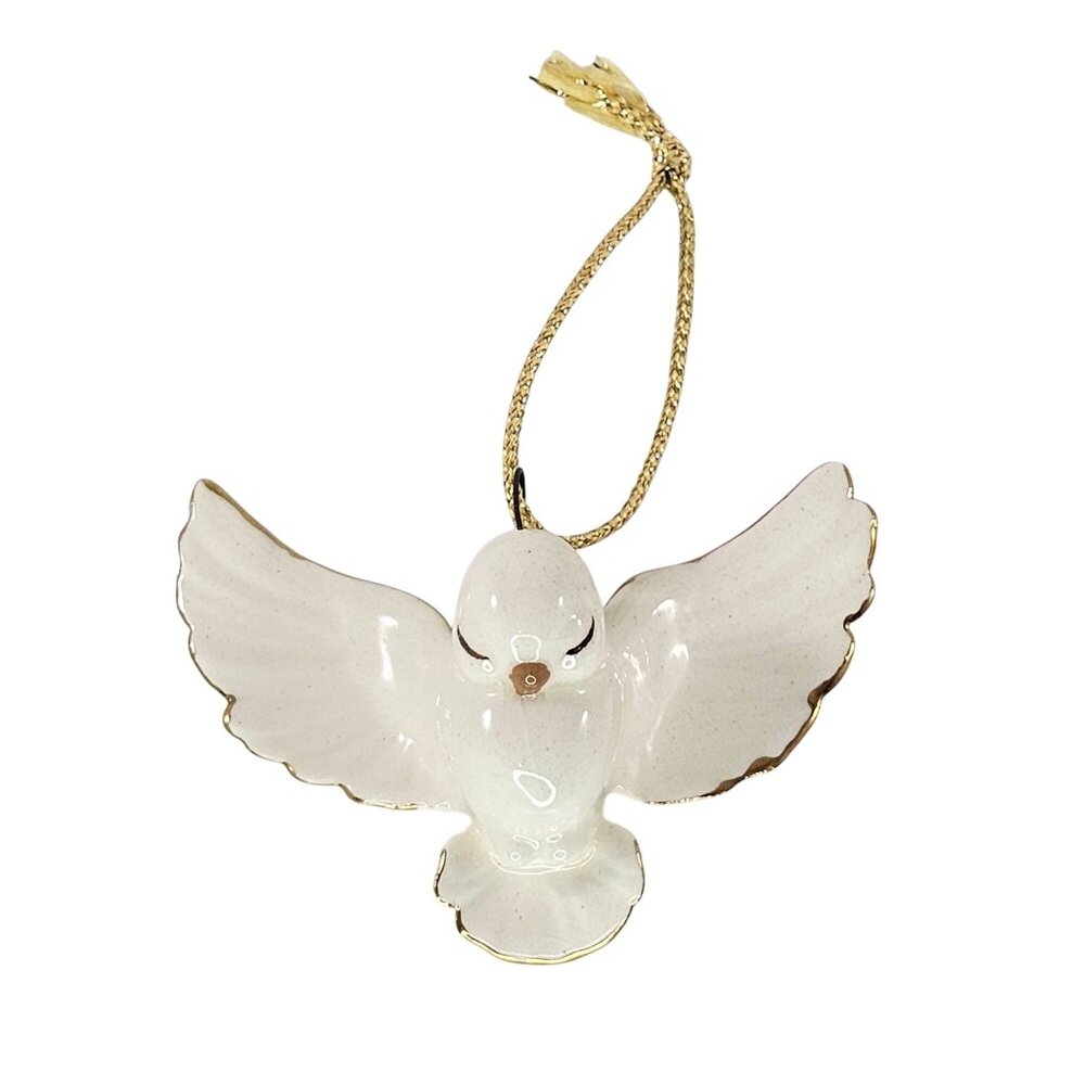 Vintage Renaker Brazel White Dove Bird Beachstone Christmas Ornament Gold Edging